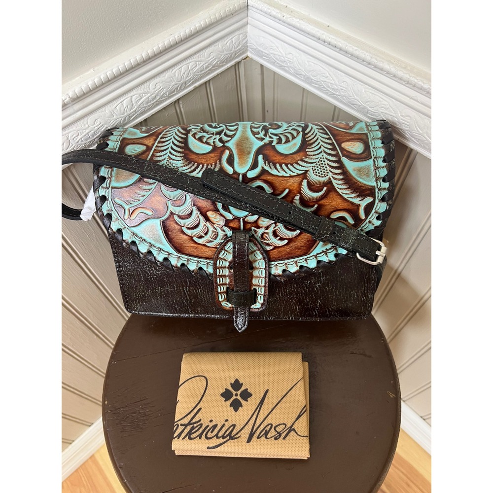 Patricia Nash Tooled Leather Crossbody Bag Turquoise Brown Floral Whipstitch NEW